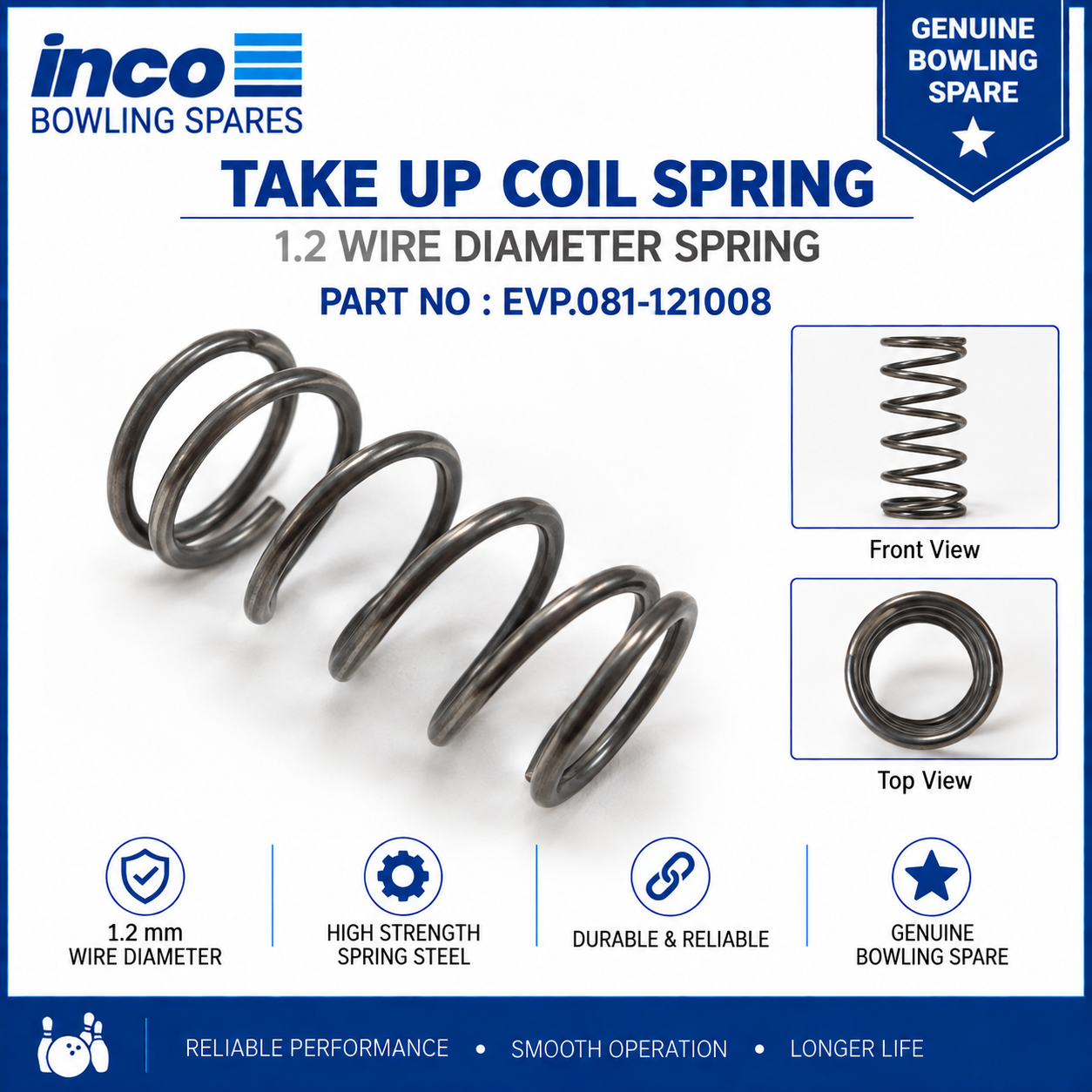 1.2 wire diameter spring for taking up coil EVP.081-121008 1.2 wire diameter spring for taking up coil – String Bowling Spare Parts No – EVP.081-121008